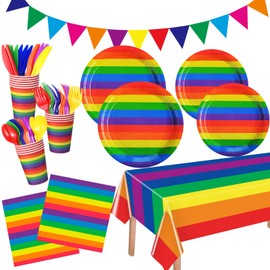 Funnymoom 170 Pcs Rainbow Party Decorations Rainbow Gay Party Supplies Colorful Striped Paper Plates and Napkin Cup Tablecloth Banner Cutlery for Birthday Gay Pride Party Tableware Set Serves 24 Guest