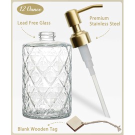 JASAI Diamond Design Glass Soap Dispenser with Golden Pump, Refillable Hand Soap Dispenser for Kitchen, Soap Dispenser Bathroom for Soap, Hand soap, Dish Soap, Lotion.