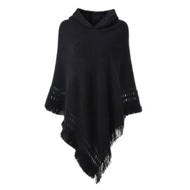 Ferand Ladies' Hooded Cape with Fringed Hem, Crochet Poncho Knitting Patterns for Women, Black