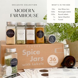 FINESSY 36 Pack Glass Spice Jars with Label Farmhouse Seasoning Containers Organizer, Spice Jars with Shaker Lids, 4 oz Spice Bottles Empty Glass with Labels, Airtight Spice Containers with Lids