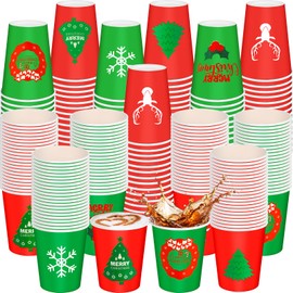 Jingmore 120 Pcs 8 oz Christmas Disposable Cups Christmas Paper Coffee Cups Xmas Tree Snowflake Snowman Elk Party Drinking Cups Xmas Holiday Supplies for Hot Cold Beverage Chocolate Tea Cocoa
