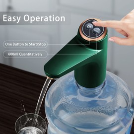 BIMVER Water Dispenser for 5 Gallon Bottle, 600ml Quantitative Water Pump,2 Colors Power Light,Portable USB Charging Bottle Pump,Multipurpose Dispenser for Home Camping for 2-5 Gallon, Green