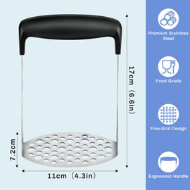 BOBOZHONG Stainless Steel Potato Masher - Heavy Duty Masher with Non-Slip Soft Handle, Wide Mashing Plate for Mashed Potatoes, Baby Food, Jam, Vegetables & Fruits, Easy to Clean (Black)