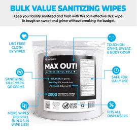 Wipex Max Out Hand Sanitizing Gym Wipes Refills - 4000 Count, 2 Rolls of Wipex Gym Wipes, 2000 Per Roll, 5x8 Inch, Economy Size for Gyms & Fitness Centers