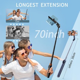 KINGJOY 70" Selfie Stick Tripod Extendable Cell Phone Tripod Stand with Wireless Remote and Phone Holder, Compatible with Smartphone, Cameras,Action camera