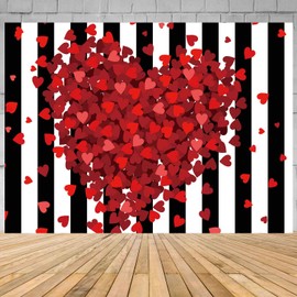 Red Hearts Backdrop for Wedding Anniversary, 9x6FT, Black White Striped Background,Romantic Patry Banner Photo Booth Props HXLU083