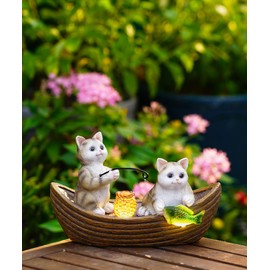 Yeomoo Cat Fish Figures Decorative Solar Garden Decoration for Outdoor Use - Funny Cat on the Boat Solar Figures Gifts for Women Mum Men Birthday Gift Waterproof Balcony Room Patio Decoration