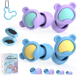 Kids Ear Plugs 2 Pairs(6-12 yrs), Reusable Noise Cancelling Earplugs, Silicone Noise Sensitivity Ear Plugs for Children/Small Ears, Ear Protection for Concerts/Flying/School/Playtime, Blue+Purple