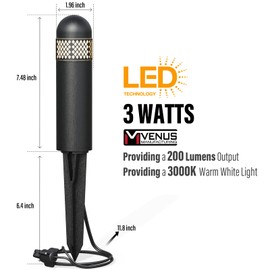 VENUS MANUFACTURING Low Voltage Bollard Lights 6PK Kits 3W LED Outdoor Landscape Lighting 200Lumen Pathway Light 3000K Warm White Wired Walkway, Driveway & Sideway Lights Black Metal with Connector