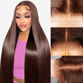 Tuziyi Brown Lace Front Wigs Human Hair Glueless Wear and Go 220% Density Chocolate Brown Glueless Wig Human Hair with Baby Hair 7x5 Straight Lace Frontal Human Hair Wigs Pre Plucked Hairline 32Inch