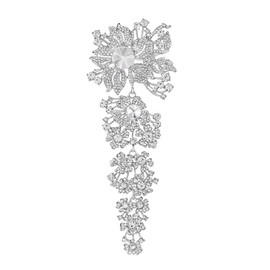 Gyn&Joy 7.59 Inch Silver Tone Crystal Flower Leaf Clusters Large Brooch For Wedding Bouquet