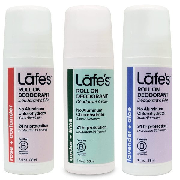Lafe's Natural Deodorant | 3oz Roll-On Aluminum Free Natural Deodorant Variety | Paraben Free & Baking Soda Free with 24-Hour Protection | Cedar & Lime - Lavender & Aloe - Rose & Coriander | 3 Pack | Packaging May Vary
