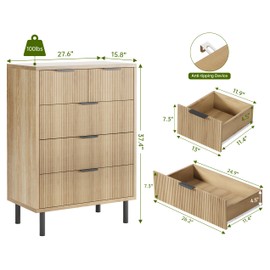 GarveeHome Oak Fluted 5 Drawer Dresser for Bedroom, Modern Wood Chest of Drawers with Wide Drawers, Closet Dresser Organizer with Anti-Tipping Device and Metal Legs for Hallway Entryway