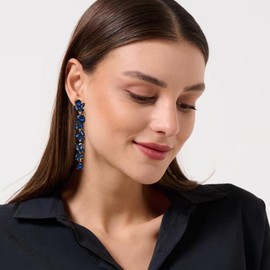 EVER FAITH Rhinestone Crystal Clip-On Earrings Chandelier Clip On Earrings for Women Bride, Art Deco Marquise Teardrop Bridal Long Dangle Drop Earrings for Prom Green Gold Tone, Crystal