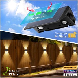 Fence Lights Solar Powered, 6-Pack Solar Fence Lights Up/Down Flexible Buttons, IP67 Waterproof for Outdoor, 100LM Bright, Auto Dusk to Dawn for Wall/Stairs/Yard/Railing/Deck/Pathway (White & RGB)