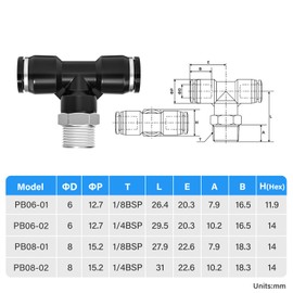 TAILONZ PNEUMATIC Male Branch Tee 6mm Tube OD x 1/4 Inch BSP Thread Push to Connect Fittings PB6-02(Pack of 10)