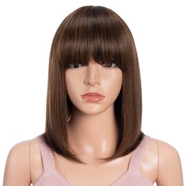 Joedir Short Bob Wig,Straight Mixed Brown Bob Wig with bangs, 100% Human Hair Wig for Women, 12 inch Short Bob Wig Natural Looking for Daily Use(P4/30)