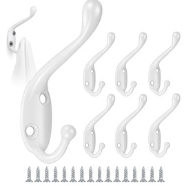 GOTRUST Pack of 8 Coat Hooks White Vintage Coat Hooks Wall Metal Double Wall Hooks Retro for Screwing Decorative Double Hooks with 16 Screws for Coat Hooks Bathroom Kitchen