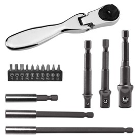 Pack of 16 Magnetic Bit Holders, 1/4 Inch Hex Shank, with Mini Ratchet, Carbon Steel + Chrome Vanadium Steel, Suitable for Electric Drills, Hammer Drills, Cordless Screwdrivers (Silver)