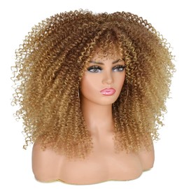 ANNISOUL 16Inch Curly Wigs for Black Women Ombre Blonde Afro Bomb Curly Wig with Bangs Synthetic Fiber Glueless Long Kinky Curly Hair