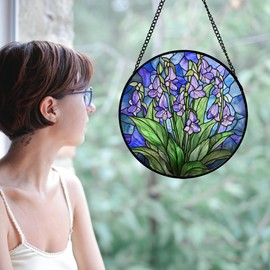 AMDERVEN Stained Glass Suncatcher, Blue Purple Flowers Green Leaves Sun Catcher Plants Stain Glass Window Hanging Decoration Mother's Day Birthday Gifts for Women Men Mom and Nana 11.8 in
