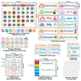 Classroom Calendar Set Bulletin Board Boho Rainbow Calendar Bulletin Board Set for Classroom Home Wall Decoration with Hook and Loop Stickers