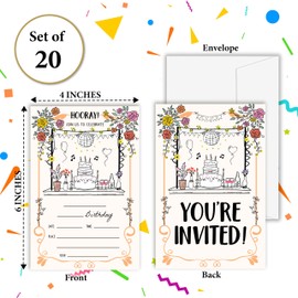 OXRUN Scribble Birthday Invitations, Set of 20 Bday Invites with Envelopes, Hand Drawn Dinner Party Invitation Cards for Women Men Music Party Decorations Supplies - B15