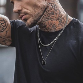 Geometric Men Cuban Chain Necklace - Stainless Steel Minimalist Square Pendant, 24inches Box Link Chain Layered Necklace for Teen Boy Women Jewelry Gift