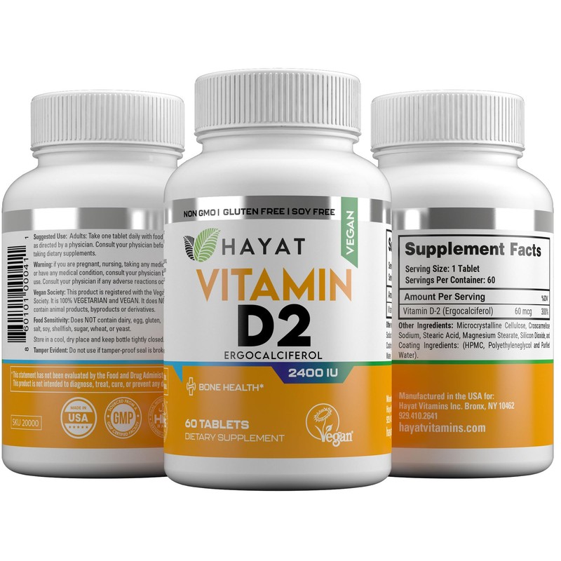 HAYAT Vitamins Vegan Natural Vitamin D 2400 IU, D2, Certified