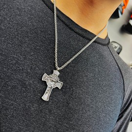 FANCY-J Jesus Christ Cross Necklace - Symbol of Faith and Grace - Stainless Steel Premium Religious Jewelry for Men Women - Chain Length 24" Silver