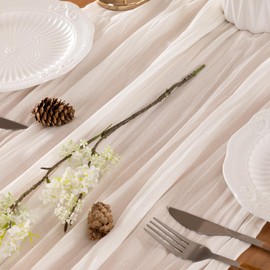 LINXTAR Ivory Valentine's Day Cheesecloth Table Runner 10ft Vintage Rustic Gauze Table Runner 35 x 122 Inches Boho Elegant Decoration for Wedding Baby Shower Birthday Party Photo Background