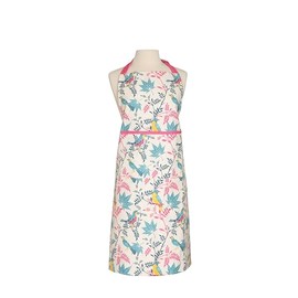Dexam RHS - Kitchen Apron for Women, Cooking & Baking, Organic Cotton, Adjustable Straps and Pocket, Stone with Botanical Bird Print