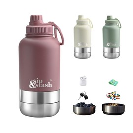 sip&stash Multiuse Drink and Store Leak-proof Double-walled Insulated Airtight Water Bottles with two Storage compartments Stainless Steel Pastel colors 946 ml (Gojiberry Red)