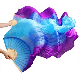 Women 1.8 m Long Belly Dance 100% Silk Bamboo Fan Veils 1 Pair(L+R) (Vertical turquoise blue purple)