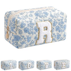 JOVAKIT Alphabet Makeup Bag Cosmetic Bag for Women, Christmas Gifts for Girls Age 6-18, Floral Flowers Coquette Travel Toiletry Zipper Make Up Pouch Organizer Trendy Stuff (Blue Floral R)