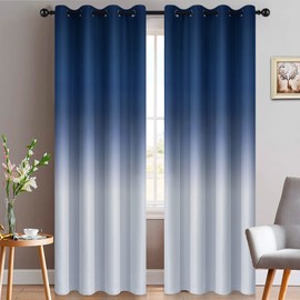 Yakamok Blue and Greyish White Thickening Polyester Ombre Curtains, Light Blocking Gradient Color Curtains, Room Darkening Grommet Window Drapes for Living Room/Bedroom (2 Panels, 52x84 Inch)