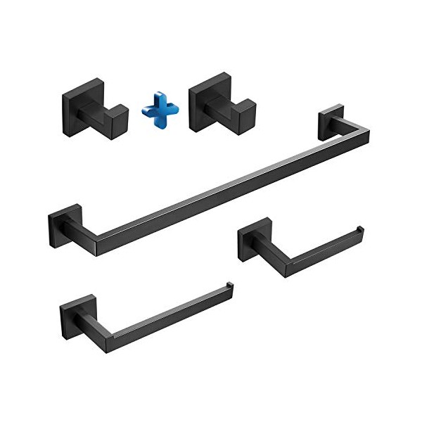 5-Piece Black Bathroom Hardware Accessory Set Including 24'' Towel Bar