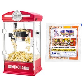 Big Bambino Popcorn Machine – 4 Oz Kettle with 12 Pack of All-In-One Popcorn Kernel Packets, Scoop, and Bags by Great Northern Popcorn (Red)
