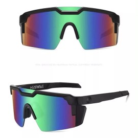 FRAME US NIB Large Shield Rimless Sunglasses Z87 Black Frame Flash Green Mirror Lens
