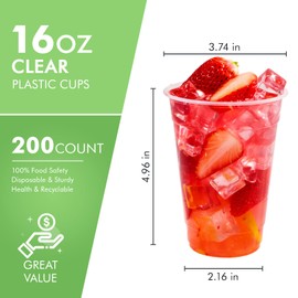 FOCUSLINE 200pack 16 oz Clear Plastic Cups Disposable, Plastic Clear Cups Reusable, Clear Plastic DrinkIng Cups for Water, Juice, Soda, Ice Coffee