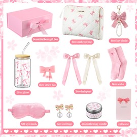 Skylety Pink Bow Gift Baskets for Teen Girls, Women Valentines Galentine's Gifts Trendy Stuff Coquette Teen Girl Birthday Box Gift for Her, Sister Friend Women Sweet 16th 18th 21st Box Set
