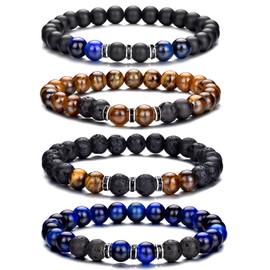 RANKEEF Tiger Eye Bracelet For Men 8MM Natural Stone Beads Bracelet Set Stretch Lava Rock Bracelets Adjustable Black Crystal Beaded Bracelet for Men Women Gifts