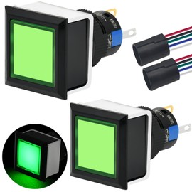 Square Momentary Push Button Switch Ultra Thin 21 * 21mm Mounting Hole with Green Light 12V-24V 1NO 1NC 5Pin On Off Waterproof Flat Button with Wire 2Pcs