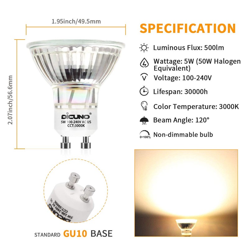 DiCUNO GU10 LED Bulbs 5W Warm White 3000K, 500lm, 120