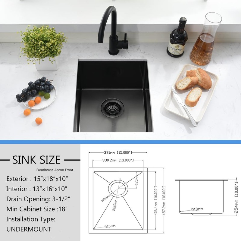 15inch Undermount Bar Sink Black -VOKIM 15 x18 Small Kitchen