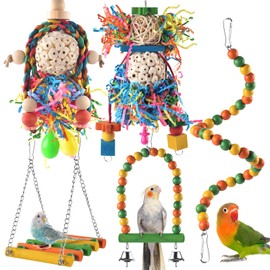 Bissap Conure Toys, 5 PCS Parrot Foraging Shredder Hanging Toys Sola Balls with Sand Hammer Perch Swing Climbing Ladder for Small Parrots Parakeets Conures Cockatiels Love Birds Cage Toy