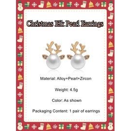 GAUEIOUR Christmas Elk Pearl Earrings,Christmas Pearl Deer Horn Alloy Earrings, Deer Head Creative Earrings for Women, Holiday Jewelry, Christmas Jewelry Gifts (Gold)