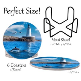 Dolphin Jumping Ocean Coastal Round Coasters Set of 6 - Abosrbent Ceramic with Metal Stand for Drinks, Coffee, Non-Slip Cork Back for Tabletop Protection, 4 Inches (Lighthouse)