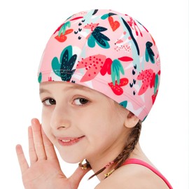Girls Swim Cap Cute Swimming Cap for Girls Age 3-10 Years Breathable Polyester Cloth Swim Hat Lightweight Bathing Caps for Long and Short Hair