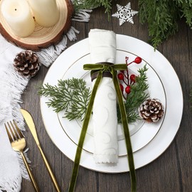 GlikCeil 12 Set Christmas Napkin Rings Wooden Bow Napkin Rings Velvet Bow Holder for Holiday Birthday Party Anniversary Dinner Wedding Dining Table Decoration (Olive Green)